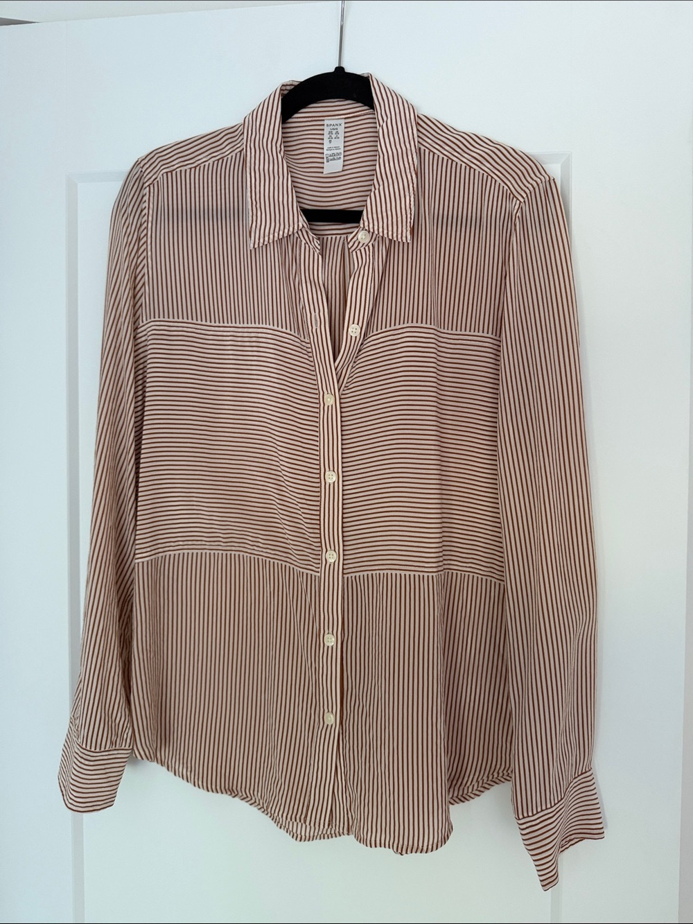 Spanx Striped Button-Up Blouse in Cream & Brown
